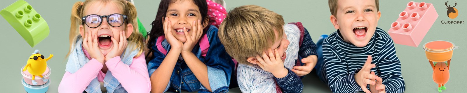 The Cutedeer banner: children at a table of clay and bricks