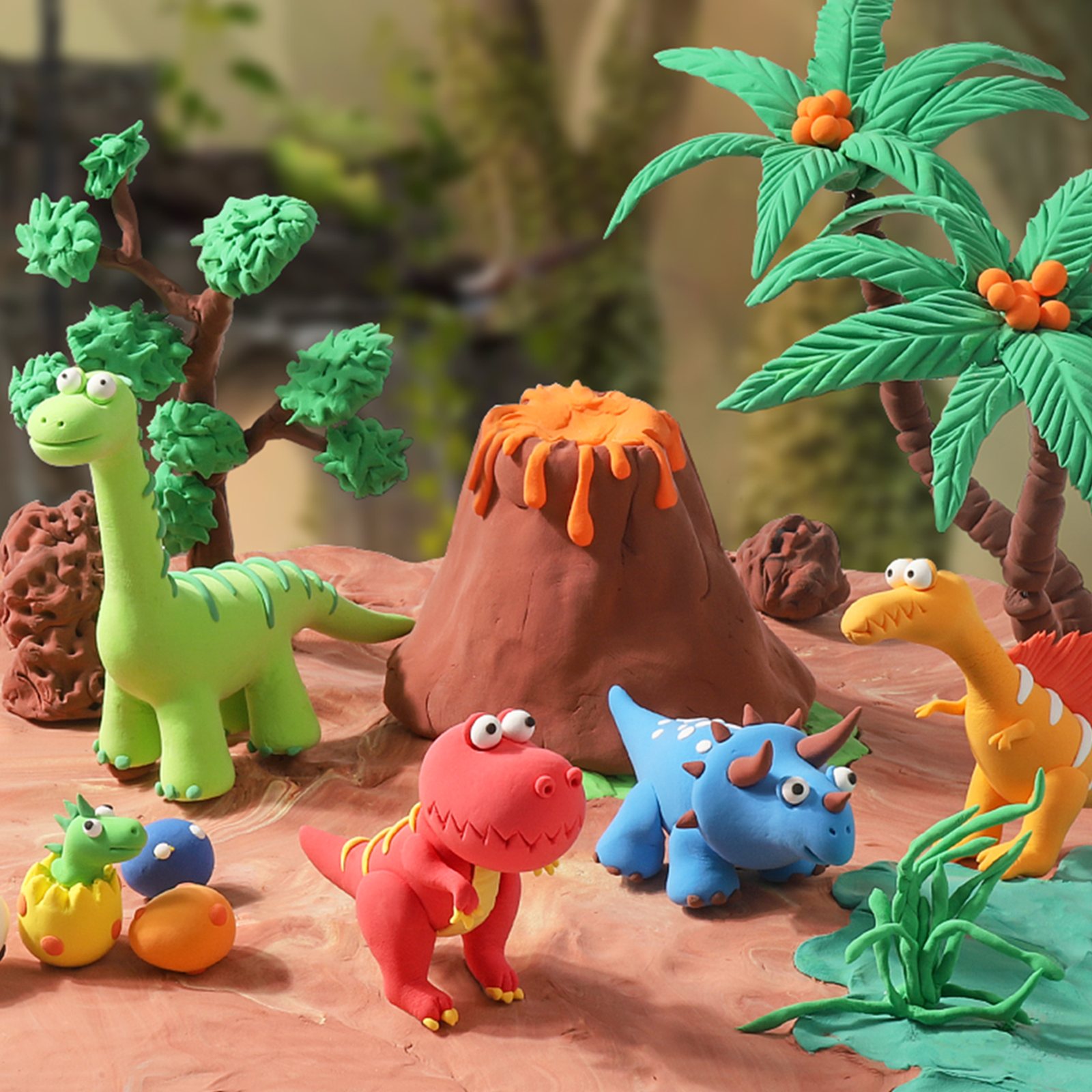 A dinosaur diorama modelled from air dry clay