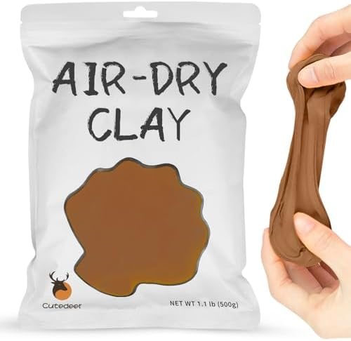 Sealed bag of Cutedeer brown air dry clay beside a brown modelled bear