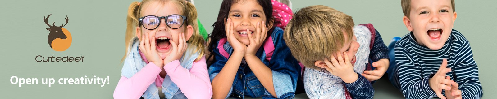 Four children pulling delighted faces over a table of craft materials
