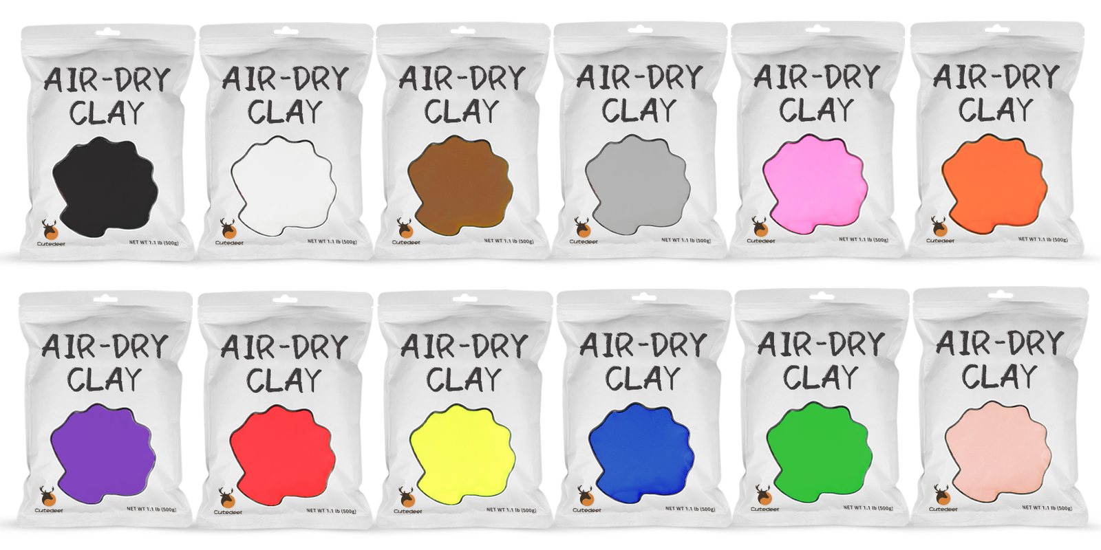 A strip of twelve sealed air dry clay colors laid side by side